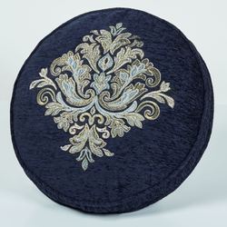 Hillcrest Embroidered Pillow Indigo Round