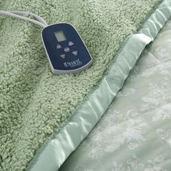 Micro Flannel Toile Heated Blanket Celadon