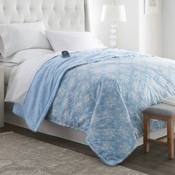 Micro Flannel Toile Heated Blanket Wedgewood Blue