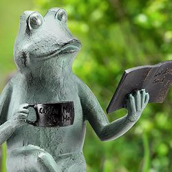 Joy of Reading Frog Garden Sculpture Verdi Bronze