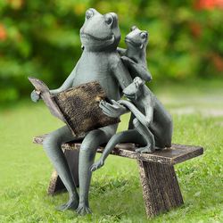 Reading Frog Family Garden Sculpture Verdi Bronze