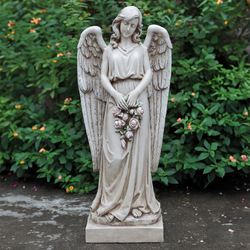 Angel Holding Rose Wreath Garden Statue Weathered Stone