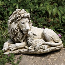 Lion and Lamb Garden Statue Weathered Stone