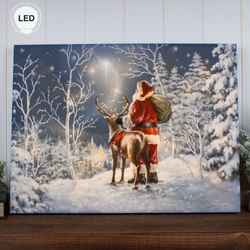 Starry Night Santa Lighted Wall Art Print Blue