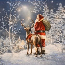 Starry Night Santa Lighted Wall Art Print Blue
