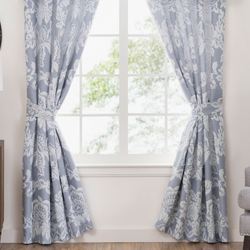 Floral Damask Wide Tailored Curtain Pair Celestial Blue 100 x 84