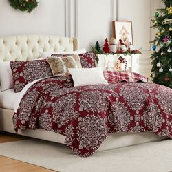 Christmas Carol Quilt Bed Set Burgundy