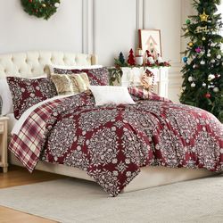 Christmas Carol Comforter Bed Set Burgundy