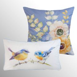 Spring Flowers Decorative Pillows Blue Set of Two