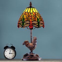 Rooster Dragonfly Tiffany Stained Art Glass Accent Lamp Multi Jewel