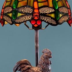 Rooster Dragonfly Tiffany Stained Art Glass Accent Lamp Multi Jewel