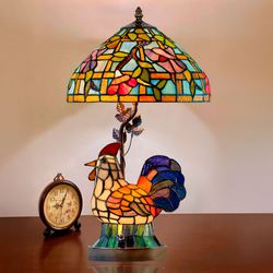 Rooster Tiffany Stained Art Glass Accent Lamp Multi Jewel