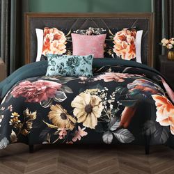Botanical Birds Comforter Bed Set Black