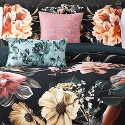 Botanical Birds Comforter Bed Set Black