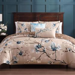 Blue Blossom Comforter Bed Set Beige