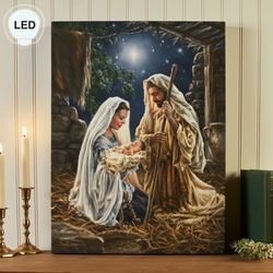 Born in a Manger Lighted Print Blue