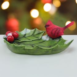 Cardinal with Holly Leaf Decorative Tray Green