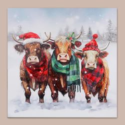 Festive Highland Cows Canvas Wall Art Multi Warm