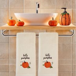 Hello Pumpkin Lotion Soap Dispenser and Hand Towels Orange Three Piece Set