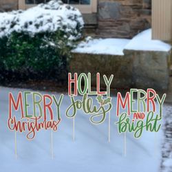 Merry Holiday Yard Stakes Red/Green Set of Three