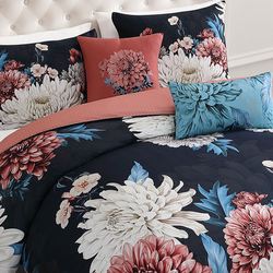 Navy Mums Comforter Bed Set