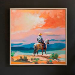 Framed Cowboy Painting Canvas Wall Art Multi Bright