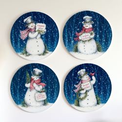 Snowman Greetings Dinner Plates Blue Set of Four
