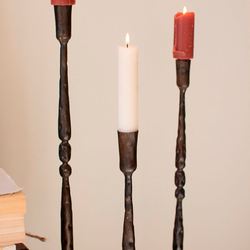 Forged Iron Floor Candleholders Antique Brass Set of Three