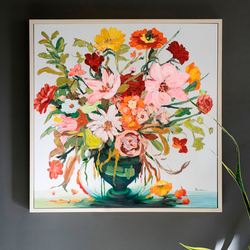 Framed Floral Painting Canvas Wall Art Multi Warm