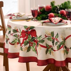 Winter Bows and Garland Oval Tablecloth Ivory 60 x 84