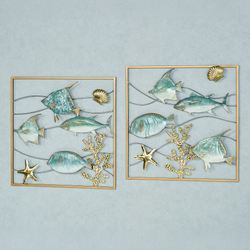 Fish in Waves Wall Art Seafoam Set of Two