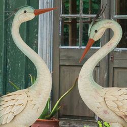 Grey Crane Looking Up Sculpture Gray