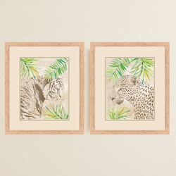 Boho Jungle Cat Framed Wall Art Beige Set of Two