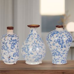 Vintage Floral Vases Blue Set of Three