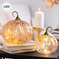 Autumn Leaf LED Pumpkin Tabletop Accents Amber Set of Two