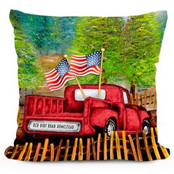 Patriotic Red Truck Pillow 18 Square