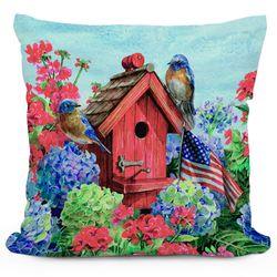 Patriotic Bluebirds Pillow Red 18 Square