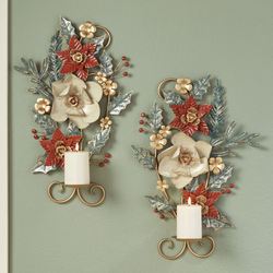 Christmas Floral Wall Sconces Red Set of Two