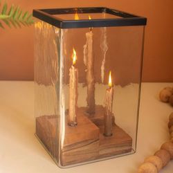 Glass Hurricane and Wooden Candelabra Walnut