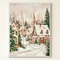 Cozy Christmas Village Framed Canvas Wall Art Beige