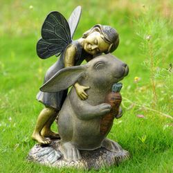 Happiness Fairy and Rabbit Garden Sculpture Verdi Bronze