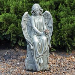 Angel with Flowers Garden Statue Gray