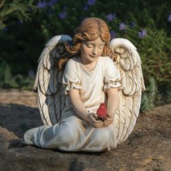 Sitting Angel with Cardinal Garden Statue Weathered White