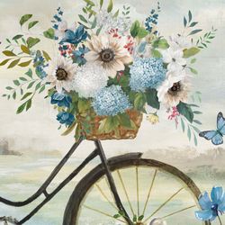 Flower Girl Bicycle Canvas Wall Art Blue