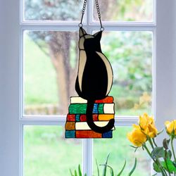 Library Cat Stained Glass Window Panel Multi Jewel