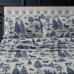 Deer Toile Flannel Sheet Set Blue