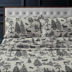 Deer Toile Flannel Sheet Set Charcoal