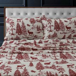 Deer Toile Flannel Sheet Set Red