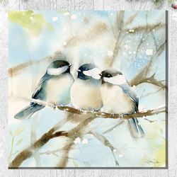 Cozy Chickadees Canvas Wall Art Blue