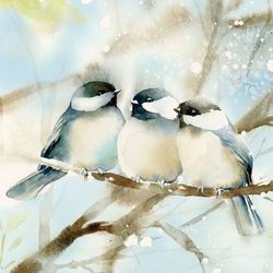 Cozy Chickadees Canvas Wall Art Blue